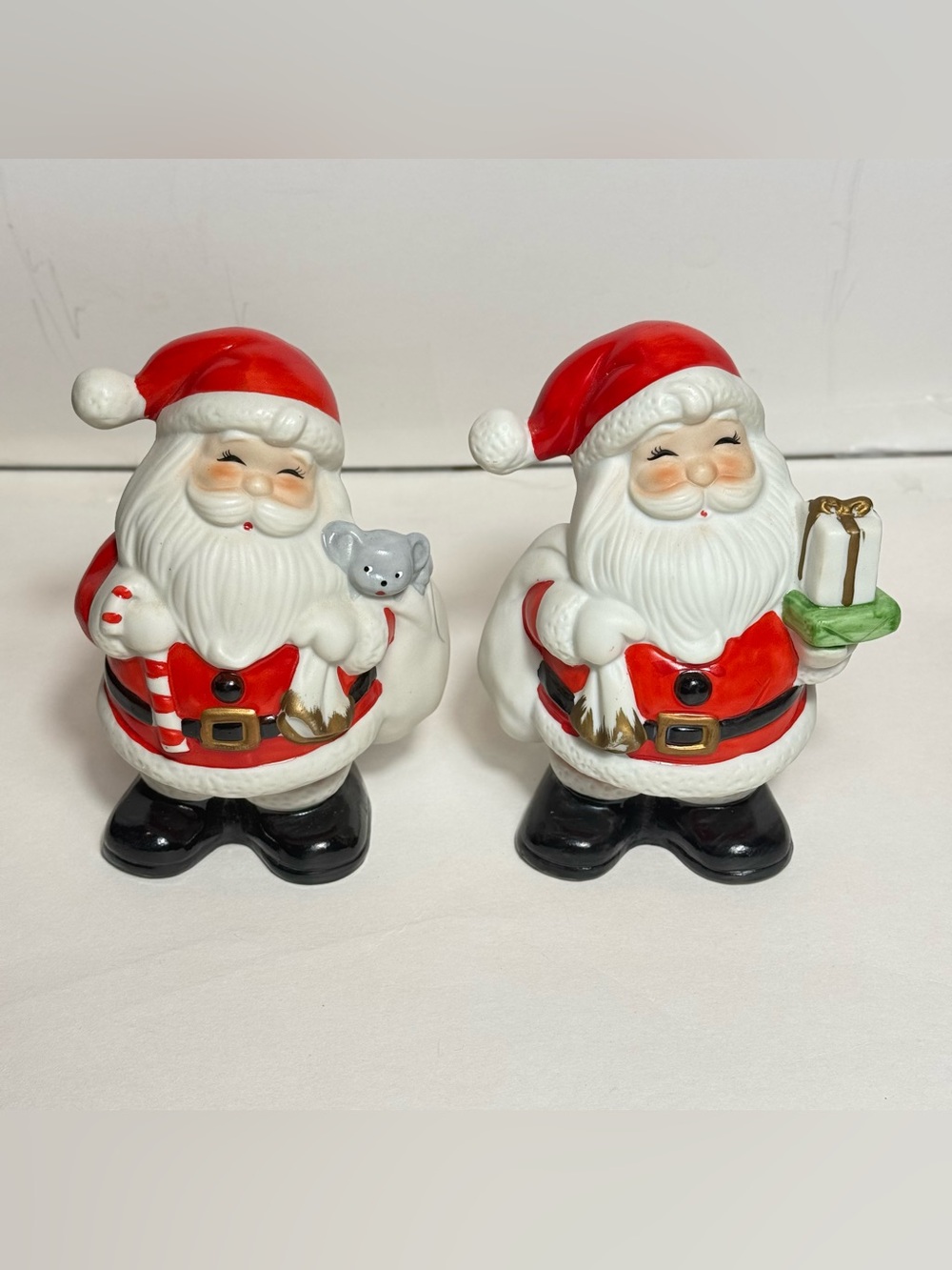 2 Vintage Homco Ceramic Santa Claus Bank Holding Presents & Toys 1970s Figurine